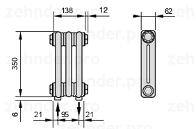 Схема (чертеж) Радиатор Zehnder Charleston 2035/3 №3570 Белый глянцевый RAL 9016